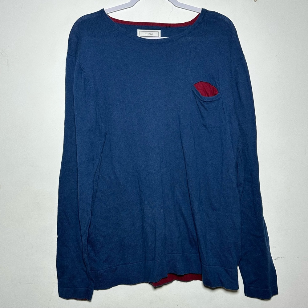 Five Four Mens Blue Cotton Lightweight Layered Look‎ Pocket Sweater Large L